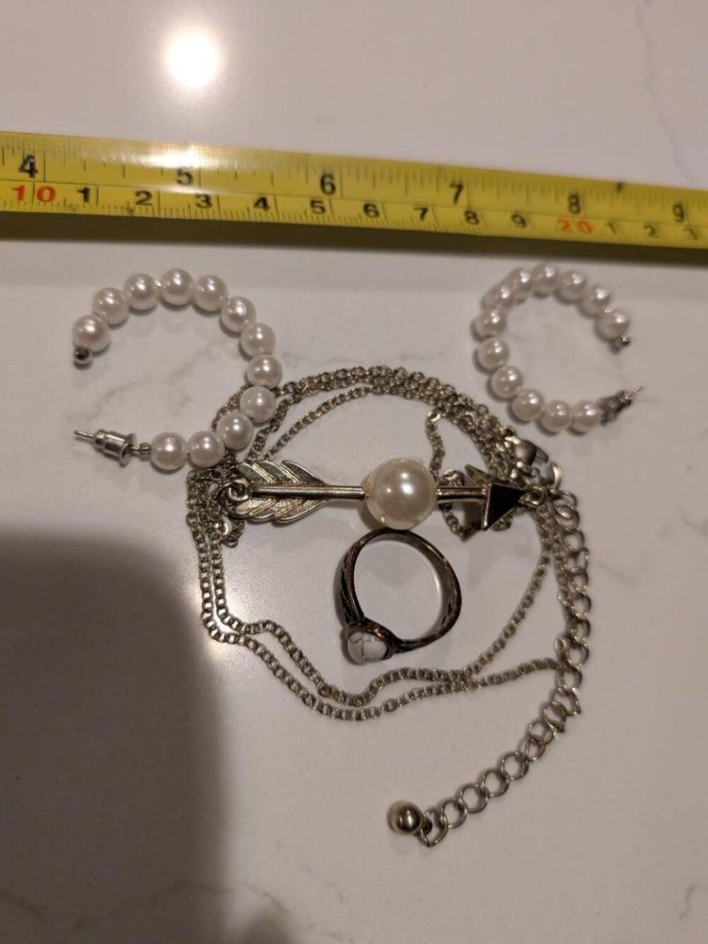 Vintage Faux Pearl Jewelry Set: Hoop Earrings, Ring & Arrow Pendant Necklace